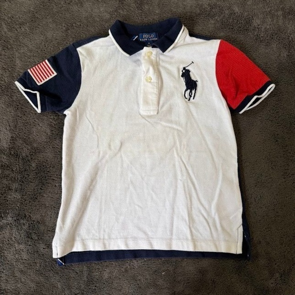 Polo Ralph Lauren Boys Size 6 Colorblock Big Pony Flag Polo Shirt White Navy Red